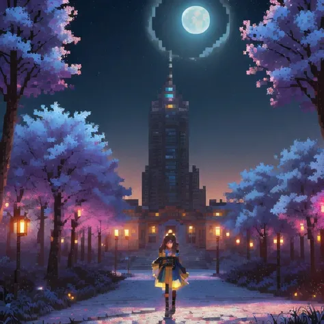 ((紫粉 City : 1.5)), (masterpiece), ( is the best quality: 1.0), ( Ultra High Resolution : 1.0), Detailed illustrations, Detailed Scenery , vibrant colors 紫粉 walking through the city, 8 K, night, Moon Clouds , ((magic, beautiful , Trees: 1.4 )), (( is the be...