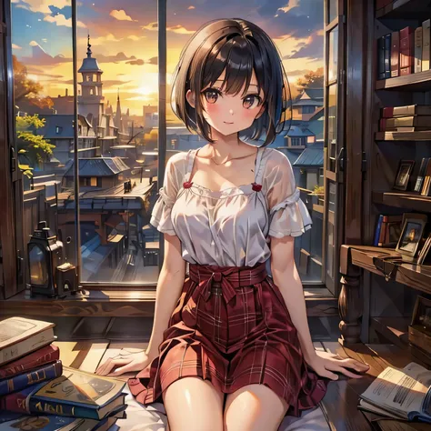 (masterpiece:1.3),(best quality:1.3),(high resolution:1.2),8k, with dark hair bob cut 、Beautiful girl in pajamas、 short cut with black hair and wet hair、Beautiful girl with brown eyes 、Outside the window is a bridge at sunset、Inside a room full of books 、B...