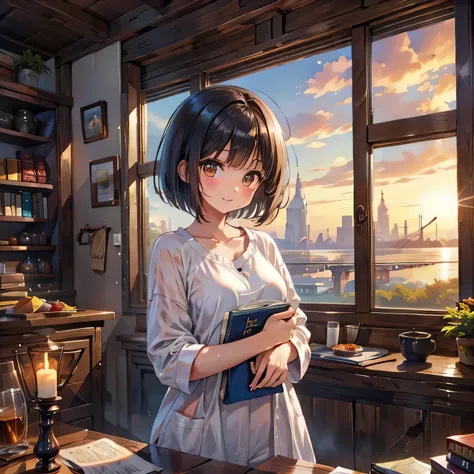 (masterpiece:1.3),(best quality:1.3),(high resolution:1.2),8k, with dark hair bob cut 、Beautiful girl in pajamas、 short cut with black hair and wet hair、Beautiful girl with brown eyes 、Outside the window is a bridge at sunset、Inside a room full of books 、B...