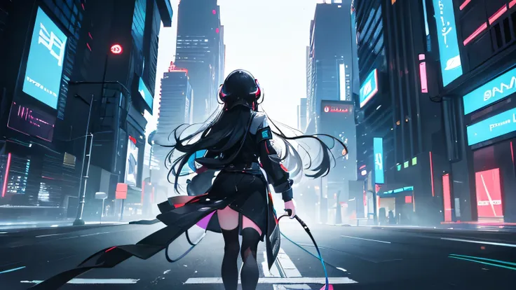 ((best quality)), ((masterpiece)), (detailed), One Woman、Long black hair、A back view of a man walking through a futuristic neon city, wearing headphones .night