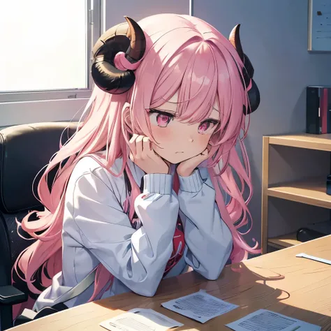 An anime-style illustration of ‘Fua-chan’ looking frustrated and disappointed after not winning a ticket lottery. Fua-chan has long pink hair styled in soft curls resembling sheep’s horns, and her pink eyes are filled with frustration and a hint of sadness...