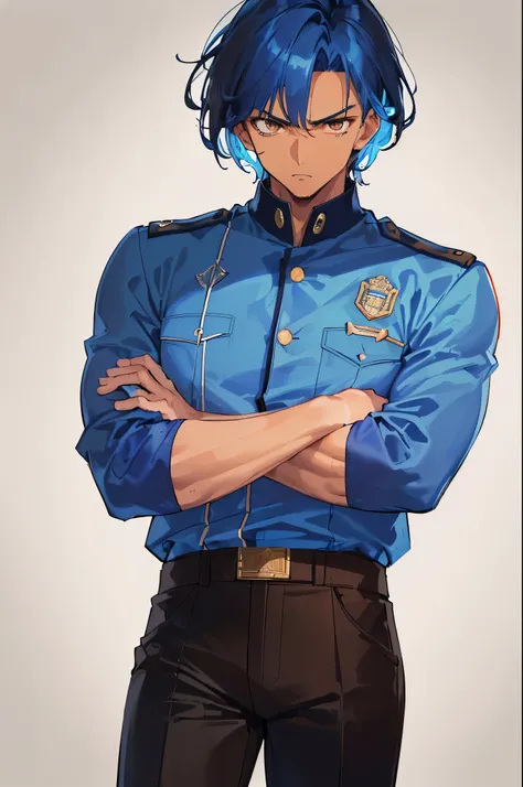 ((handsome man)), (((masculine:1.2))), (muscular:1.1), (serious, [glaring]), Argentina, ((((1 male)))), ((cowboy shot)), (((facing viewer, looking viewer))), standing straight, (brown eyes, (Jitome), ((blue hair)), ((navy police uniform, black pants)), (gr...