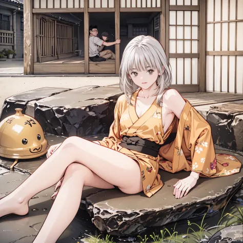 ((8k、Realistic、 RAW photo、 best quality: 1.3)、(real skin),beautiful expression、 ultra high resolution、beautiful、 soft、 slender body sitting in a rock bath ,Curvy , beautiful詳細な顔,( one girl ,長い silver hair, ponytails,Glasses ),beautiful、魅力的で非Realistic,Honey...