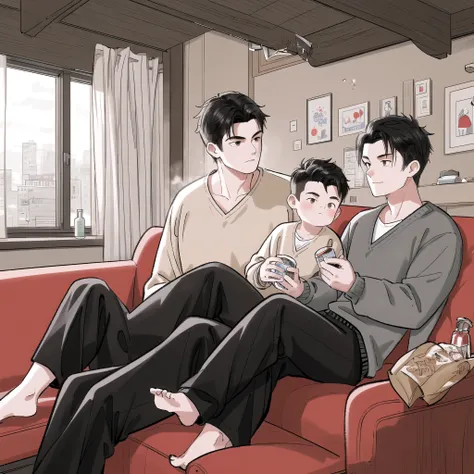 Father and  son,  , handsome, Mens,Very handsome. Front element , , two handsome young men ,  black hair and black hair , , sitting close together on the red couch , Cardigan Sweatshirt, trousers, Steam, , large windows and sunlight., measurements, Drawing...