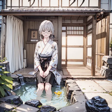 ((8k、Realistic、 RAW photo、 best quality: 1.3)、(real skin),beautiful expression、 ultra high resolution、beautiful、 soft、 slender body sitting in a rock bath ,Curvy , beautiful詳細な顔,( one girl ,長い silver hair, ponytails,Glasses ),beautiful、魅力的で非Realistic,Honey...