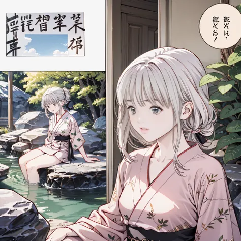 ((8k、Realistic、 RAW photo、 best quality: 1.3 ))、(real skin),beautiful expression、 ultra high resolution、 Beautiful Girl、 soft、 slender body sitting in a rock bath ,Curvy , beautiful詳細な顔,( one girl ,長い silver hair, ponytails,Glasses ),beautiful、魅力的で非Realist...