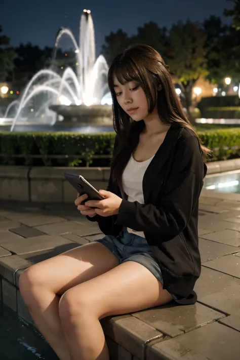 Anime female student sitting on phone waiting at fountain in the evening