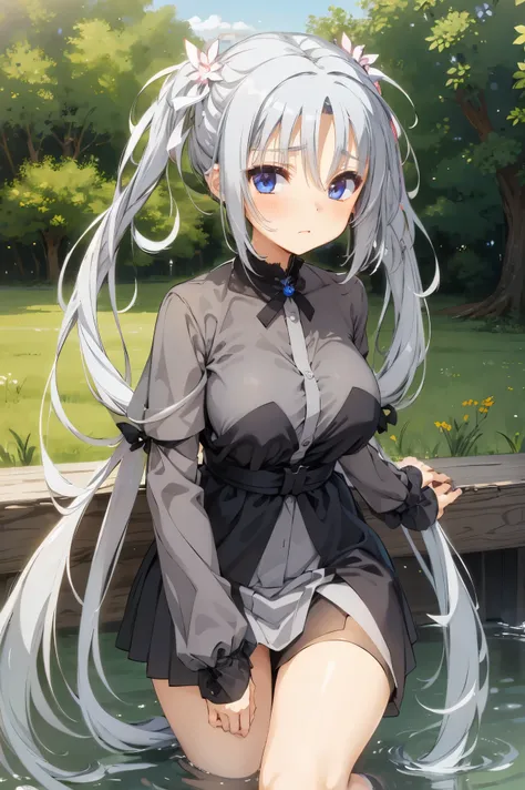 nsfw,masterpiece, best quality, hi-res, very detailed,asatake yoshino , very long hair、(gray hair:1.1)、 hair bow、floating hair、 ...