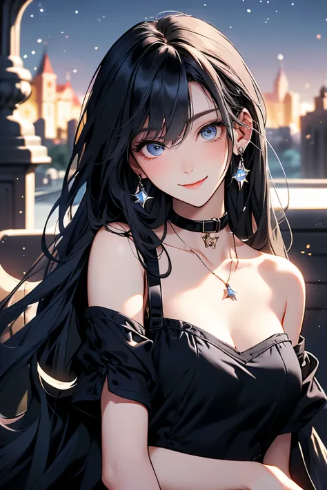 (  26-year-old mature woman  ), ((( Watch 1 female ,Alone))), (  Pale peach skin ), ( Blue blue sapphire hair ), ( Long hair in a castle ), (  dull lighted bangs  ), ( Navy blue eyes  ), ( big ), ((  Her costume is a black neck collar dress ,  A quiet park...