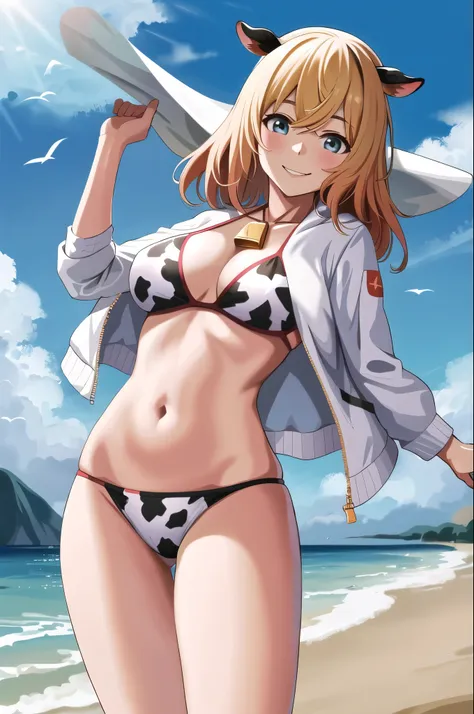 masterpiece, best quality, highres, nm1, swimsuit, cow print bikini,white jacket, cowboy shot, standing, smile, beach, bottom bi...