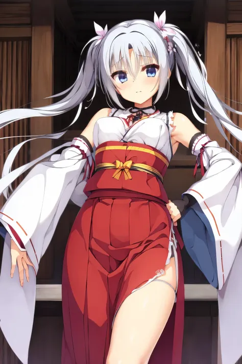 NSFW,masterpiece, best quality, Hi-Res, very detailed,Asatake Yoshino , very long hair、(Gray Hair:1.1)、 hair bow、Floating hair、 twin tails、 hair intake、 hair flower 、Hair accessories、bangs、 blue eyes,(Prostitute:1.5), choker、kimono、Shrine maiden、 white kim...