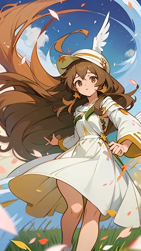 (anime) + (anime girl) + (long brown hair) + (flowing hair) +(hazel eyes) + (white sundress) + (white hat) + (meadow) + (field) ...