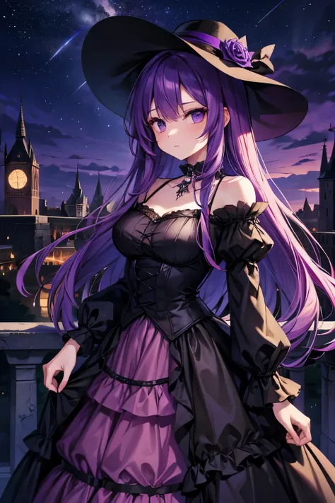 purple_hair,long_hair,hat,gothic_castle,night,dress,