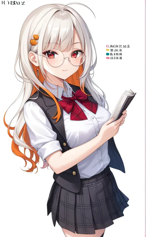  An illustration of a 17-year-old female character with orange hair with long and smooth pink tips with round glasses with a white frame,And ruby red eyes ,And wearing a womens black blazer with a white blouse underneath a black plaid skirt ,In black socks...