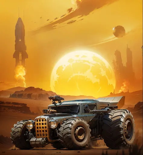 there is a large truck with four wheels on a desert, mad max inspired, background artwork, concept art, concept art, anime art vehicle concept art, concept artwork, vehicle concept photo!!, car concept art, in mad max style, dieselpunk atmosphere, sci-fi c...