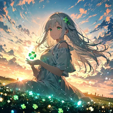 Anime Style, glitter. upper body, cowboy shots, oblique angle ,Sit on the ground,Sitting flat, White Hair,Long Hair,Clover hair accessory,  A masterpiece with clouds ,Green Eyes, shining eyes crystal clover,A woman holds a crystal on her hand,Green glow,超 ...