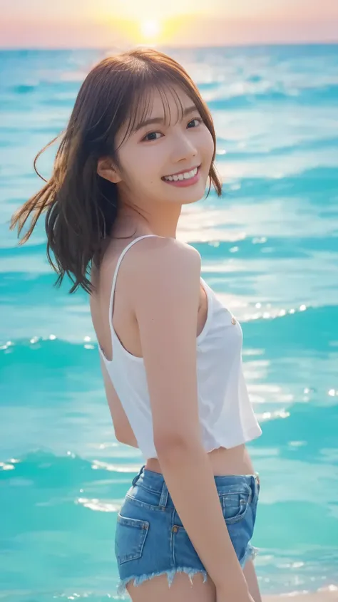  slender figure、 beautiful skin in NFSW、whole body、 best quality、 ultra high resolution、 beautiful and elaborate face、 Fine and Beautiful Skin、 skin texture、sea、 sandy beach、TakamotoAyaka 、 is staring at the camera、smile、Sunset、 white t-shirt、 raises arms、...