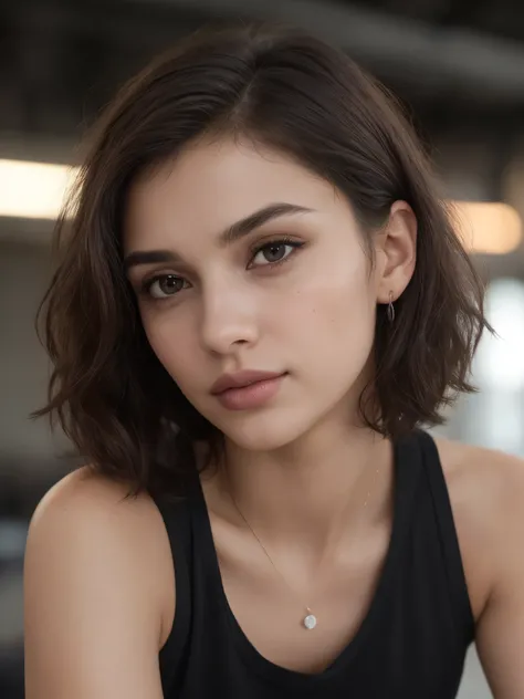 blurred background. Breathtaking cinematic photo of a 30 year old girl with tied hair and brown eyes, happy face, (dark clothes, black sports top and black fitted pants, black lagging pants, sleeveless t-shirt, black top) beautiful lips, intricate details,...