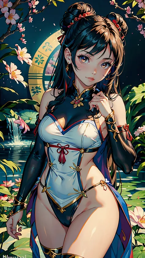 (highest quality, masterpiece, High resolution)、(anime art)、bright light、brown eyes、(thick hair)、long hair、hair ornaments、Cute face details、enchanting smile、small breasts、whole body、((sakura tropical))  (best quality,4k,8k,highres,masterpiece:1.2),ultra-de...