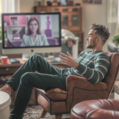 man talking to a woman live on the computer in the living room,