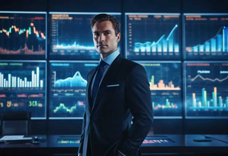 a businessman in a tailored dark suit, stands confidently against a backdrop of glowing financial data charts and graphs, 8k, ph...