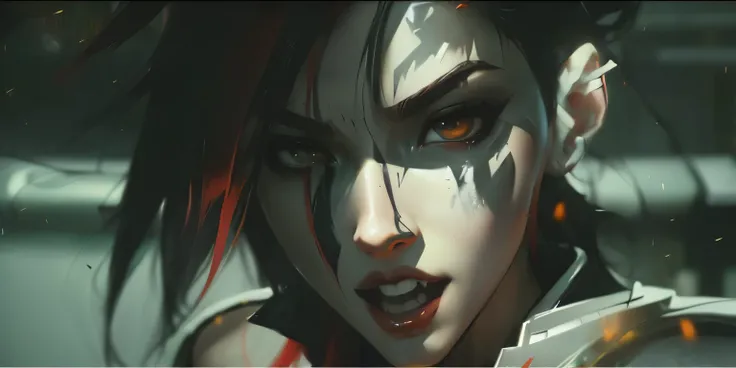 anime character with black and white face and red hair, akali, akali from league of legends, katarina, inspired by Raymond Swanland, katarina from league of legends, style of raymond swanland, rossdraws 1. 0, rossdraws digital painting, rossdraws 2. 0, jin...