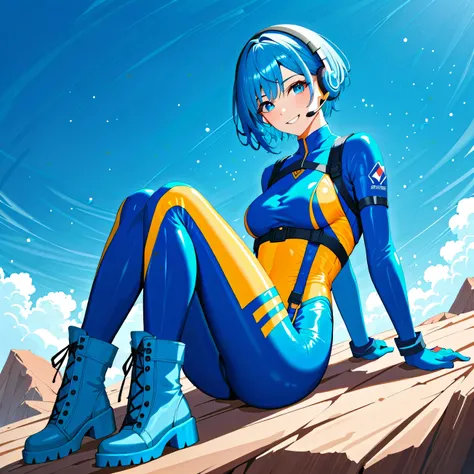 (masterpiece、 best quality、 highest resolution、distinct_image、 Detailed Details): (solo、A girl alone、Face is Japanese、 shortcut、 blue haired girl、Full body、（ perfect body：1.4）、 Sparkling Blue Eyes 、Pilot suit in white and blue colors、Tight fitting clothes、...