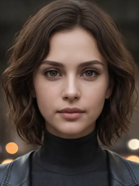 blurred background. Breathtaking cinematic photo of a 30 year old girl with brown hair and eyes, happy face, (woman in black leather jacket, turtleneck) beautiful lips, intricate details, shallow depth of field, highly detailed, high budget Hollywood movie...