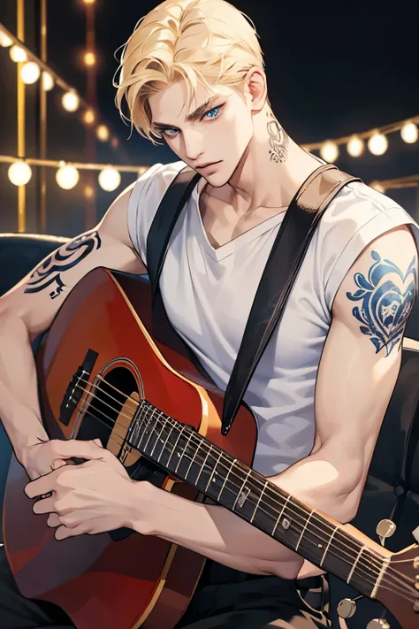 Man, short hair,Fashion godfather, idol, Fair Skin, Tall, handsome,muscular, Blonde hair, Blue Eyes, Stern Face, Guitar Tattoo on Right Arm, Artist, Singer,korea,fashiol model