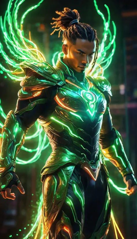 A powerful male warrior, radiating vibrant energy, stands poised in a dynamic action pose. his attire, a meticulously detailed suit of glowing, multicolored armor, is highlighted by electric streaks of green, orange, and red, resembling vibrant neon light....