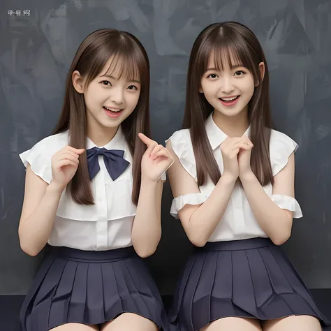 (Highest quality, masterpiece:1.2), Highest quality, High resolution, 1080P, 8k, height: 158cm, (Two 13yo Japanese beautiful girl idols are seated and giving subliminal invitation and temptation, cute skirt with beautiful knees, looking at the viewer, cant...