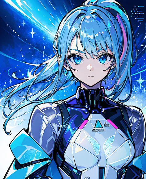 ((Holographic glow effect))、Blue Hair、Masterpiece、 Best Quality、1 person、Medium breast、(( album cover ))、 light on face、 slim body、Blue Costume、Exoskeleton、Metal Gear、 cyberpunk style、 ponytail、Gundam Pilot、attention arousal，Ride a fighter jet 