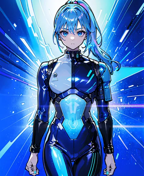 ((Holographic glow effect))、Blue Hair、Masterpiece、 Best Quality、1 person、Medium breast、(( album cover ))、 light on face、 slim body、Blue Costume、Exoskeleton、Metal Gear、 cyberpunk style、 ponytail、Gundam Pilot、attention arousal，Ride a fighter jet 