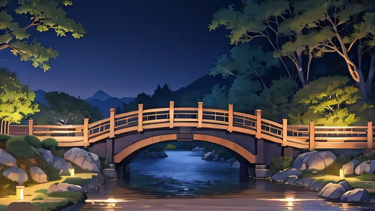 highest quality, high detailed, (background only), vector line, bridge over river, deep night, in the dark, no lights, tradition...