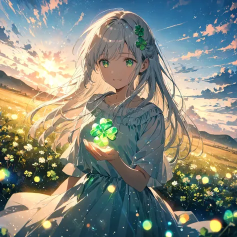Anime Style, glitter. upper body, cowboy shots, oblique angle ,Sit on the ground,Sitting flat, White Hair,Long Hair,Clover hair accessory,  A masterpiece with clouds ,Green Eyes, shining eyes crystal clover,A woman holds a crystal on her hand,Green glow,超 ...
