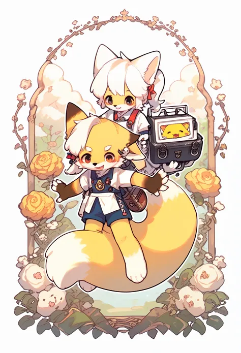 fox boy，furry boy， toddlers， white hair ，yellow skin，white arm，short sleeve，antique costume