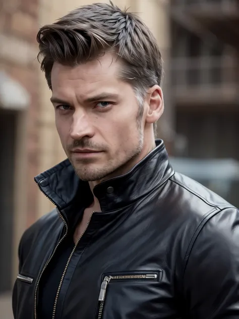 (face SteveR01) Handsome guy with black hair, detailed ultra-realistic rendering, blurred background, wearing a dark black leather jacket, gray t-shirt, with the whole body visible, thin hair, pompadour hair, messy stylish hair, big beard, man standing see...