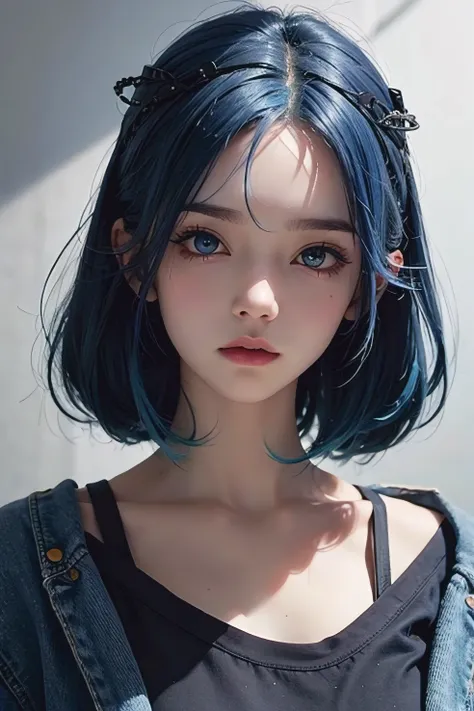 Mad, blue hair, cute appearance, admiring eyes