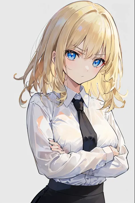 (serious, [glaring]), Japan, 1 girl, ((cowboy shot)), ((facing viewer, looking viewer), standing straight, (blue eyes, ((blonde hair), (wavy hair:0.65), medium hair, medium breast)), ((white shirt, black necktie, black pencil skirt)), (gray background), Sh...