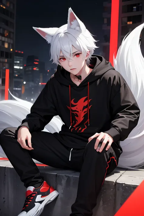   An 18-year-old boy wearing a black hoodie with red elements , black pants and shoes .   The hoodie is unbuttoned and a white t-shirt is underneath . he has white hair, fox tail and ears ,  and your eyes are red .  The background is on a low wall in the c...