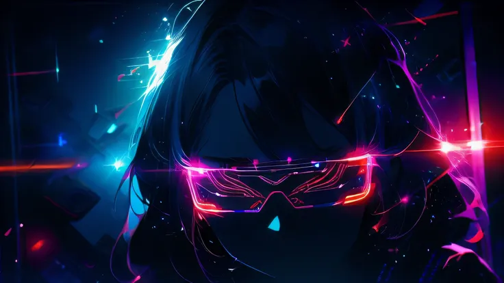 (best quality, ultra detailed), holographic, 1girl, solo, dutch angle, class room, at evening, cyber_glasses, blacklight, neon, ...