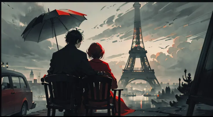 A romantic, cinematic scene set in front of the Eiffel Tower in Paris on a cloudy, moody day. The overall color scheme is mostly grayscale, creating a vintage, dramatic atmosphere. In the foreground, a couple embraces passionately under a large red umbrell...