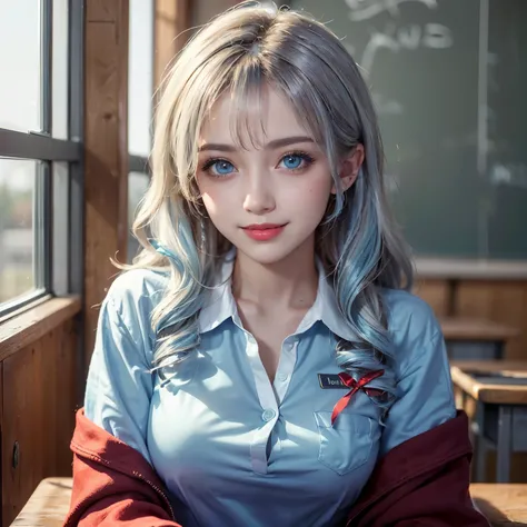 ((masterpiece)), ((best quality)), ((ultra-detailed)),((hyperrealistic)),((shiny skin)),1girl,medium hair,wavy hair,light blue hair,((drill hair)),((light blue eyes)),((tareme)),((big breasts)),,(school uniform,white shirt,red ribbon),(portrait),(classroom...