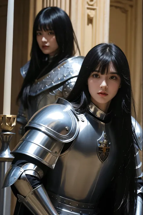   with long black hair and bangs with a knight in armor, Marseille tarot effect 