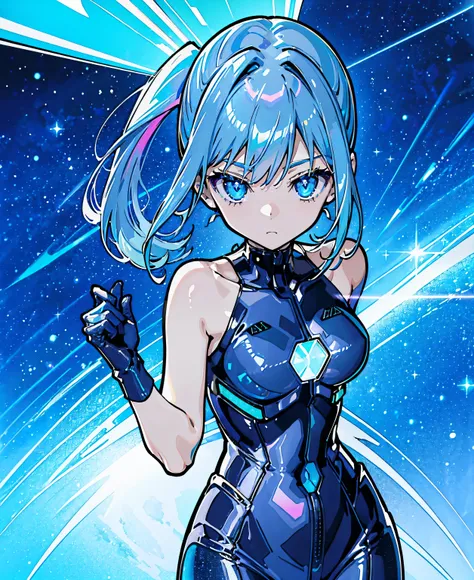 ((Holographic glow effect))、 blue hair 、Masterpiece、 Best Quality、1 person、Medium breast、(( album cover ))、 light on face、 slim body、 blue costume、Exoskeleton、Metal Gear、 cyberpunk style、 ponytails、Gundam Pilot、attention arousal，Ride a fighter jet 、 gloves...