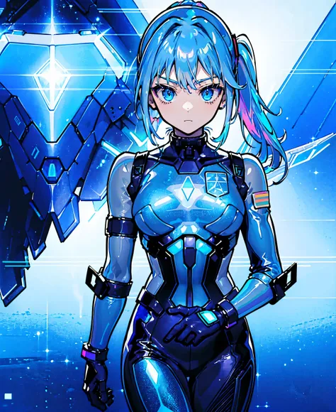 ((Holographic glow effect))、 blue hair 、Masterpiece、 Best Quality、1 person、Medium breast、(( album cover ))、 light on face、 slim body、 blue costume、Exoskeleton、Metal Gear、 cyberpunk style、 ponytails、Gundam Pilot、attention arousal，Ride a fighter jet 、 gloves...