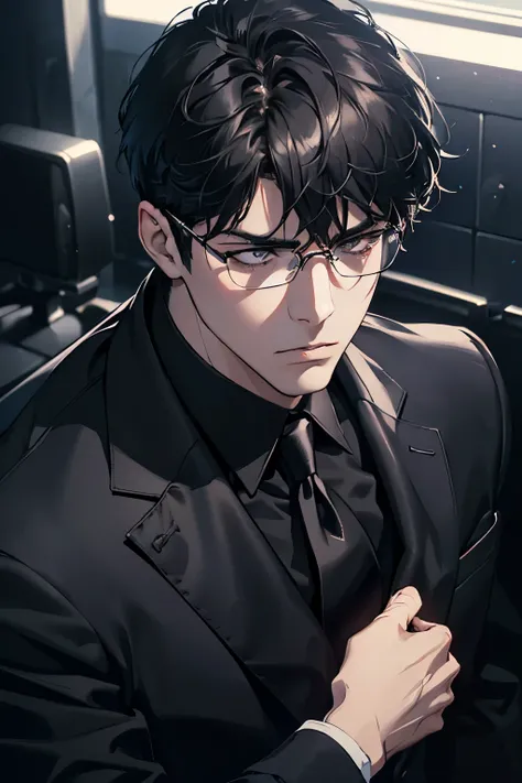 a 20 year old man, short black hair with bangs, thin rectangular glasses, black suit and tie, cold anger, cold stare, (best quality,4k,8k,highres,masterpiece:1.2),ultra-detailed,(realistic,photorealistic,photo-realistic:1.37),portrait,chiaroscuro lighting,...