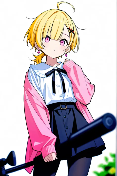   high image quality
女の子,  Pink Eyes、Blonde、 shortcut,    low ponytail  、    earrings for women ,  Ahoge,    asymmetrical bangs ,   X shaped hair ornament ,    black pantyhose  、 has a white background、Front、messy hair 、 private clothes、 blurry state  、Alo...