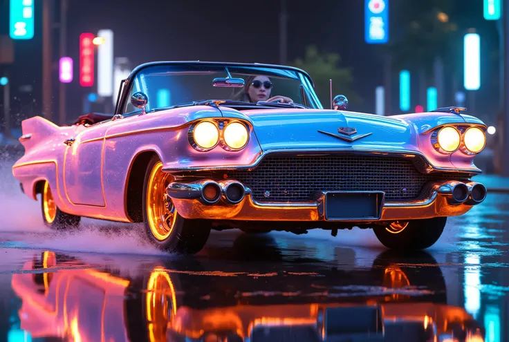 full image,  diagonal photo of a completely transparent Cadillac Eldorado Biarritz convertible from 1959,  it is possible to see its entire interior , cyBerpunk style,  surrounded by colored neon lights , big wheel, golden wheel, details in gold, Woman wit...