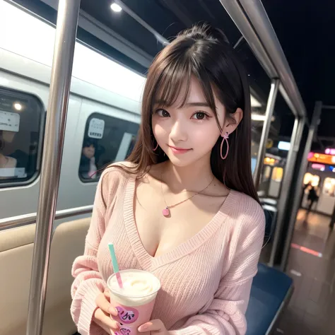 very cute face like an idol,,Looks like a young face、20-year-old female、Gentle and cute、((wearing pink knitted outfit)), skrit Cleavage, ,Cinema lighting、Natural light、whole body、RAW Photos、Genuine、Artistic、(High level of artistry)、High quality that is ind...